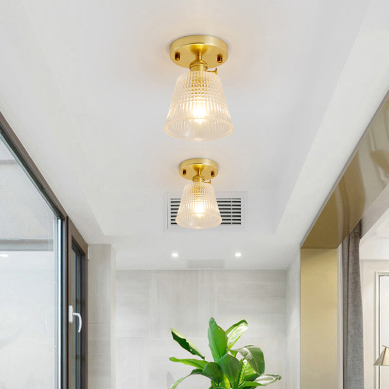 Gold Tapered Semi Flush Mount Minimalist Prismatic Glass 1 Head Corridor Ceiling Mounted Light Gold F Clearhalo 'Ceiling Lights' 'Close To Ceiling Lights' 'Lighting' 2216654_0b6d0089-847e-48ad-8f68-b70983c427c0