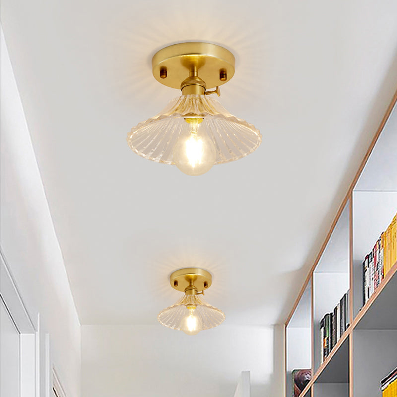 Gold Tapered Semi Flush Mount Minimalist Prismatic Glass 1 Head Corridor Ceiling Mounted Light Gold A Clearhalo 'Ceiling Lights' 'Close To Ceiling Lights' 'Lighting' 2216655_9e4ad9fd-42b5-485e-8ef2-433eea4288f9