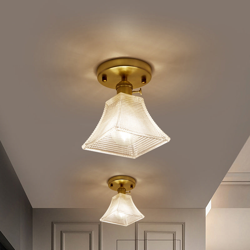 Gold Tapered Semi Flush Mount Minimalist Prismatic Glass 1 Head Corridor Ceiling Mounted Light Gold D Clearhalo 'Ceiling Lights' 'Close To Ceiling Lights' 'Lighting' 2216656_e55b6896-4cbc-4fb8-a7ec-ccdb4c17271f