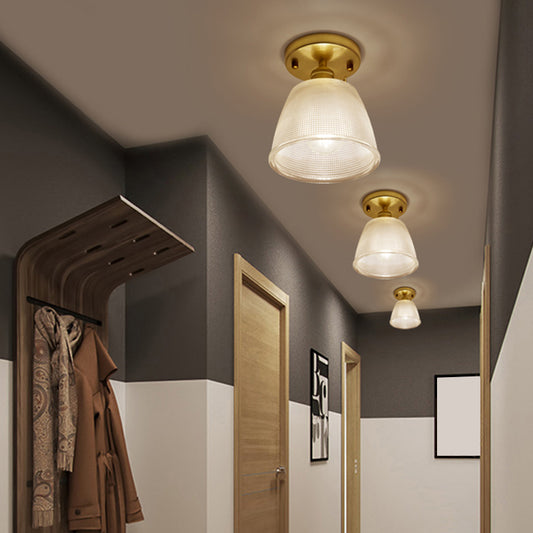 Gold Tapered Semi Flush Mount Minimalist Prismatic Glass 1 Head Corridor Ceiling Mounted Light Gold B Clearhalo 'Ceiling Lights' 'Close To Ceiling Lights' 'Lighting' 2216657_69b19493-75fe-41fa-8366-4b6cd43f5974