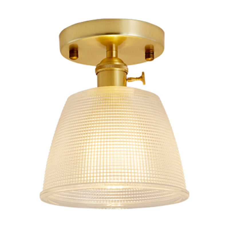 Gold Tapered Semi Flush Mount Minimalist Prismatic Glass 1 Head Corridor Ceiling Mounted Light Gold C Clearhalo 'Ceiling Lights' 'Close To Ceiling Lights' 'Close to ceiling' 'Glass shade' 'Glass' 'Pendant Lights' 'Semi-flushmount' Lighting' 2216658