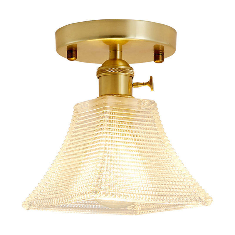 Gold Tapered Semi Flush Mount Minimalist Prismatic Glass 1 Head Corridor Ceiling Mounted Light Clearhalo 'Ceiling Lights' 'Close To Ceiling Lights' 'Lighting' 2216659_457419d5-66f4-48d6-aea9-94fbd48dabfc