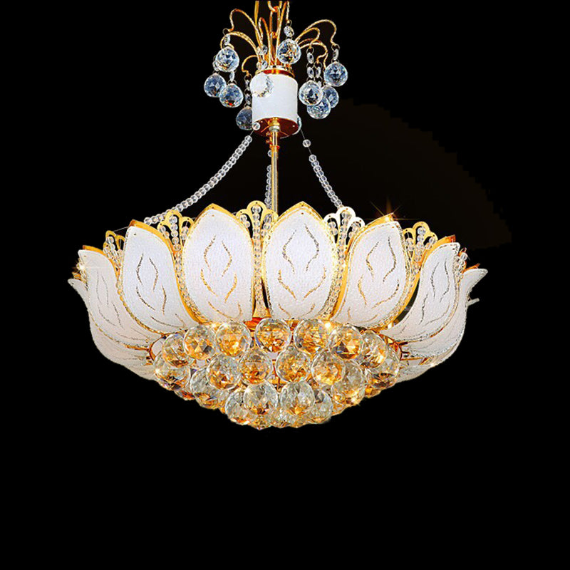 Lotus Hanging Light Fixture Contemporary Faceted Crystal Ball 3/Multi Lights Gold Chandelier Light, 16"/19.5"/23.5" Wide Clearhalo 'Ceiling Lights' 'Chandeliers' 'Modern Chandeliers' 'Modern' Lighting' 221666