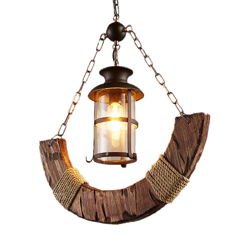 Clear Glass Cylindrical Ceiling Light Industrial 1��Head Restaurant Hanging Pendant Light in Distressed Wood Clearhalo 'Ceiling Lights' 'Industrial Pendants' 'Industrial' 'Middle Century Pendants' 'Pendant Lights' 'Pendants' 'Tiffany' Lighting' 2216670