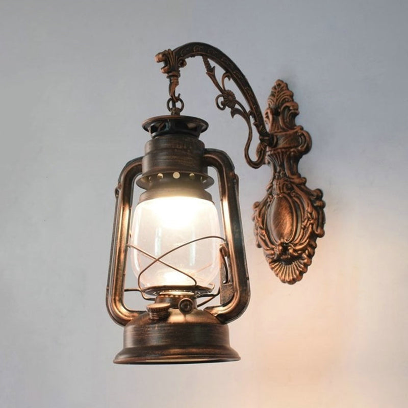 1-Light Wall Light Fixture Vintage Lantern Shaped Iron Kerosene Lighting for Restaurant Copper F Clearhalo 'Art deco wall lights' 'Cast Iron' 'Glass' 'Industrial wall lights' 'Industrial' 'Middle century wall lights' 'Modern' 'Rustic wall lights' 'Tiffany' 'Traditional wall lights' 'Wall Lamps & Sconces' 'Wall Lights' Lighting' 2216692