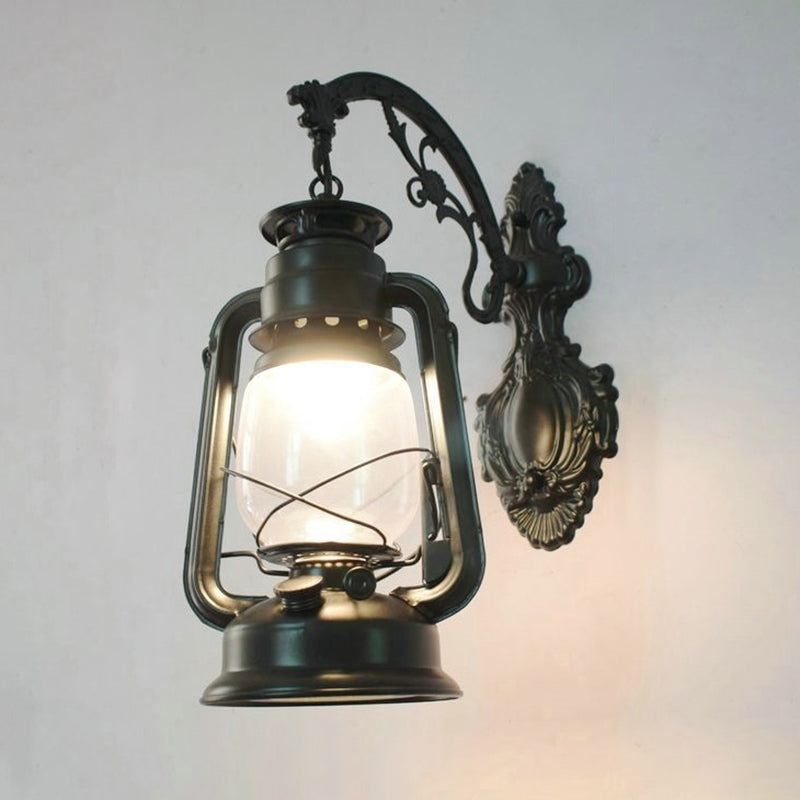 1-Light Wall Light Fixture Vintage Lantern Shaped Iron Kerosene Lighting for Restaurant Black F Clearhalo 'Art deco wall lights' 'Cast Iron' 'Glass' 'Industrial wall lights' 'Industrial' 'Middle century wall lights' 'Modern' 'Rustic wall lights' 'Tiffany' 'Traditional wall lights' 'Wall Lamps & Sconces' 'Wall Lights' Lighting' 2216696