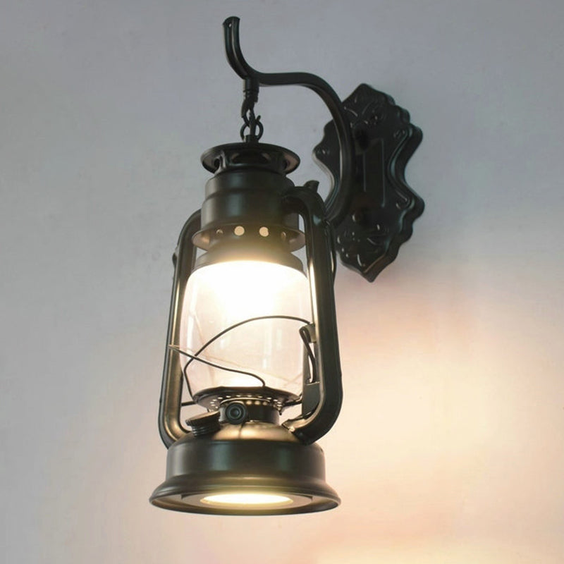 1-Light Wall Light Fixture Vintage Lantern Shaped Iron Kerosene Lighting for Restaurant Black D Clearhalo 'Art deco wall lights' 'Cast Iron' 'Glass' 'Industrial wall lights' 'Industrial' 'Middle century wall lights' 'Modern' 'Rustic wall lights' 'Tiffany' 'Traditional wall lights' 'Wall Lamps & Sconces' 'Wall Lights' Lighting' 2216703