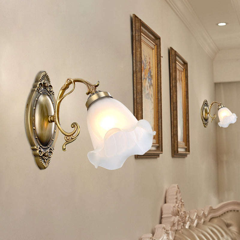 Single-Bulb Wall Light Classic Flower Shade Frosted Glass Wall Lighting Fixture in White White A Clearhalo 'Wall Lamps & Sconces' 'Wall Lights' Lighting' 2216708