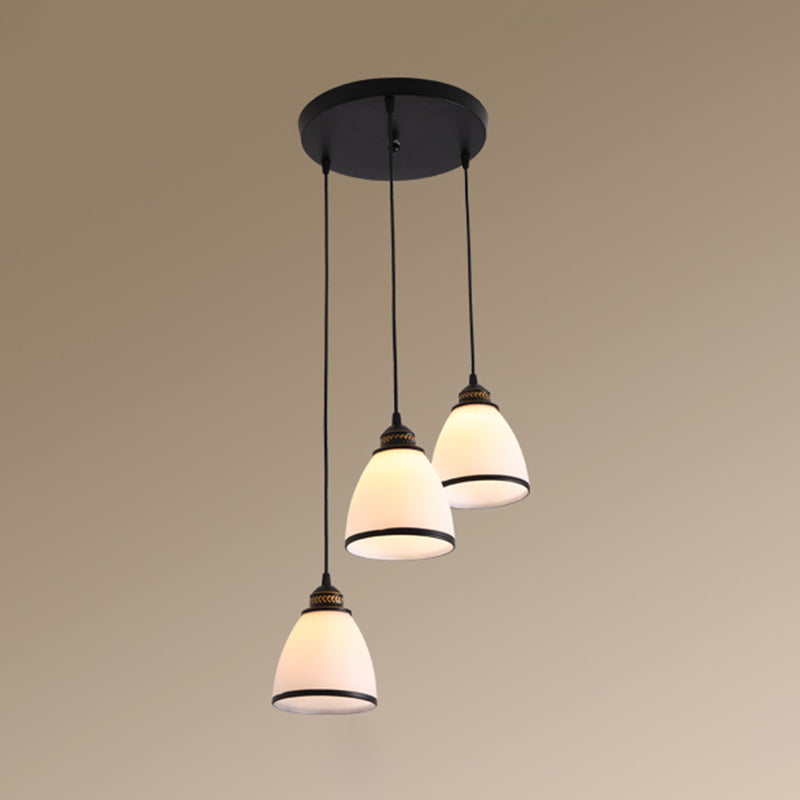 Tapered Dining Room Multi Ceiling Lamp Rustic Frosted Glass 3 Heads Black Suspension Light Fixture Black C Round Clearhalo 'Ceiling Lights' 'Close To Ceiling Lights' 'Glass shade' 'Glass' 'Pendant Lights' 'Pendants' Lighting' 2216740