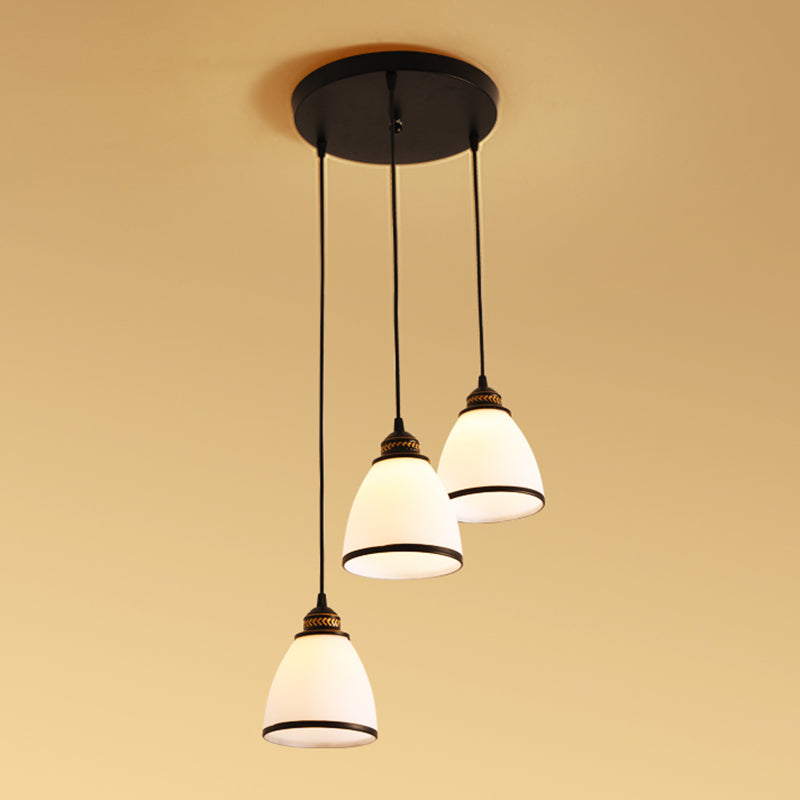 Tapered Dining Room Multi Ceiling Lamp Rustic Frosted Glass 3 Heads Black Suspension Light Fixture Clearhalo 'Ceiling Lights' 'Close To Ceiling Lights' 'Glass shade' 'Glass' 'Pendant Lights' 'Pendants' Lighting' 2216744