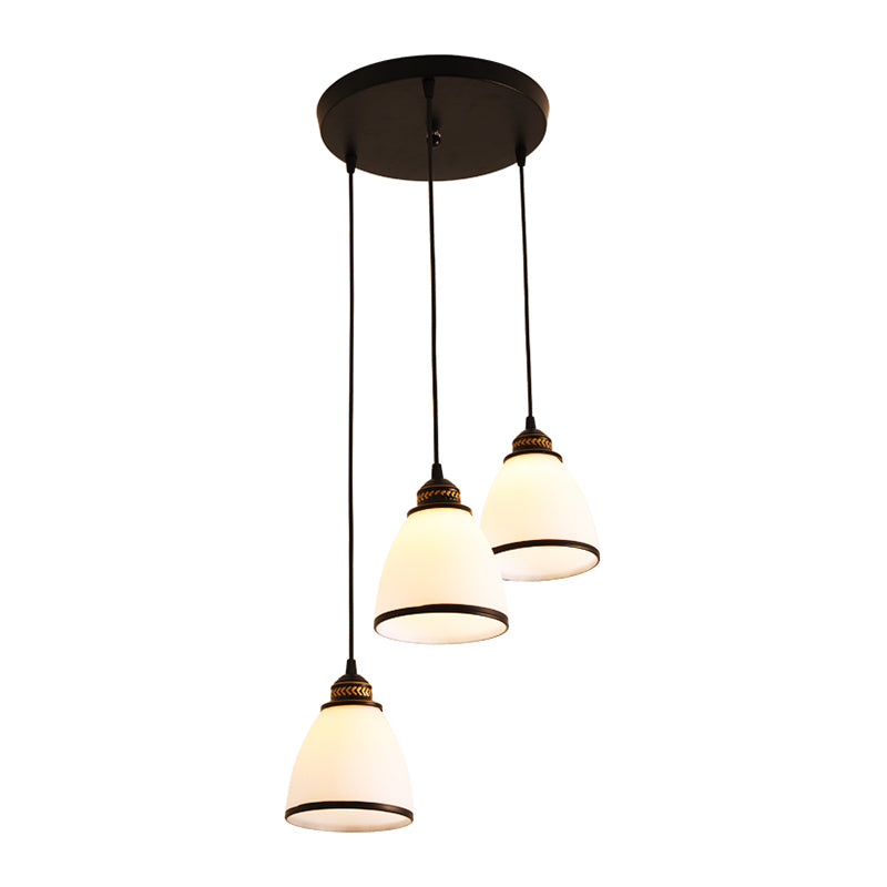 Tapered Dining Room Multi Ceiling Lamp Rustic Frosted Glass 3 Heads Black Suspension Light Fixture Clearhalo 'Ceiling Lights' 'Close To Ceiling Lights' 'Glass shade' 'Glass' 'Pendant Lights' 'Pendants' Lighting' 2216745