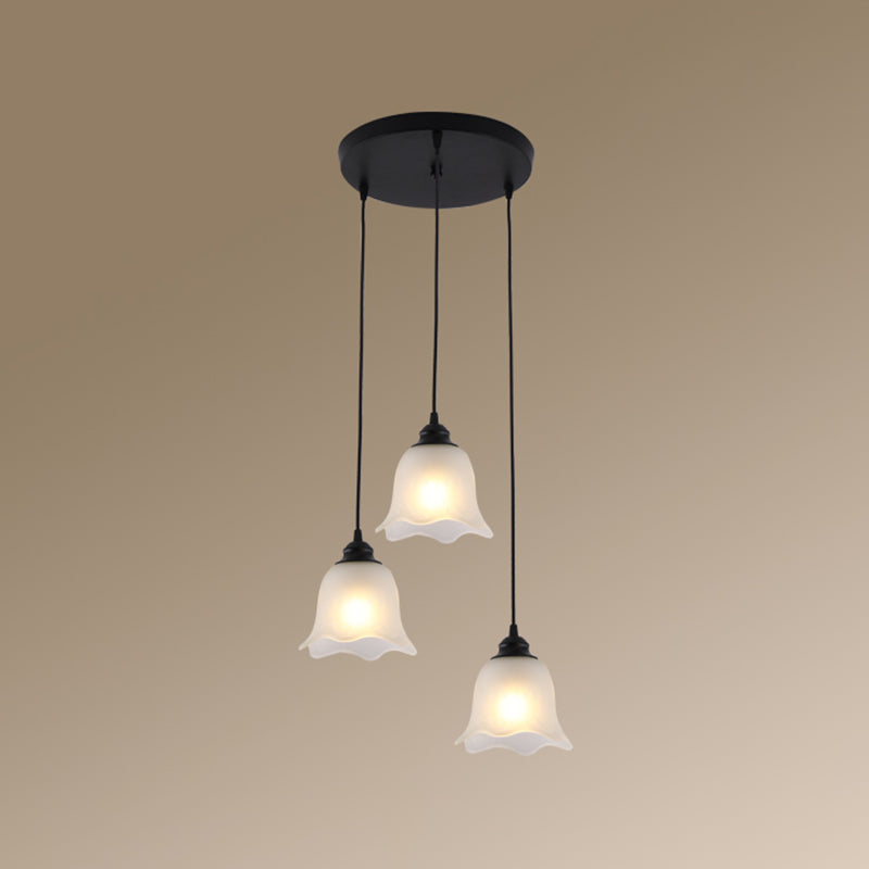 Tapered Dining Room Multi Ceiling Lamp Rustic Frosted Glass 3 Heads Black Suspension Light Fixture Black A Round Clearhalo 'Ceiling Lights' 'Close To Ceiling Lights' 'Glass shade' 'Glass' 'Pendant Lights' 'Pendants' Lighting' 2216746