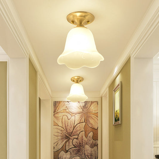 Floral Cream Glass Semi Flush Single Vintage Single Corridor Flush Ceiling Light Fixture in Gold Gold Clearhalo 'Ceiling Lights' 'Close To Ceiling Lights' 'Close to ceiling' 'Glass shade' 'Glass' 'Semi-flushmount' Lighting' 2216754