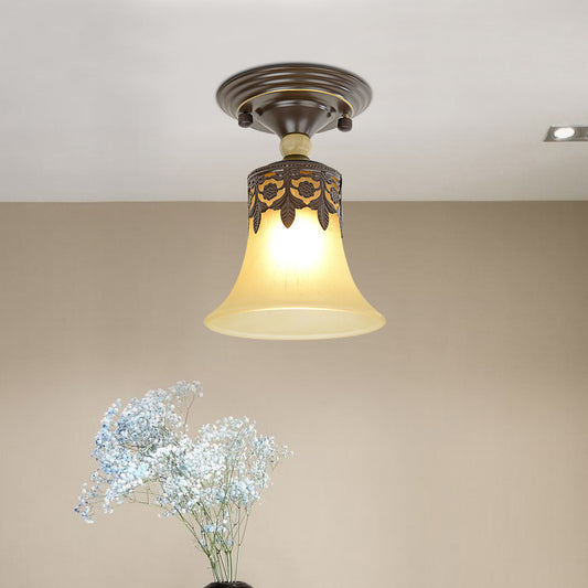 Beige Glass Flared Shade Semi Flush Mount Vintage 1��Bulb Corridor Ceiling Mounted Light in Black Black Clearhalo 'Ceiling Lights' 'Close To Ceiling Lights' 'Close to ceiling' 'Glass shade' 'Glass' 'Semi-flushmount' Lighting' 2216760