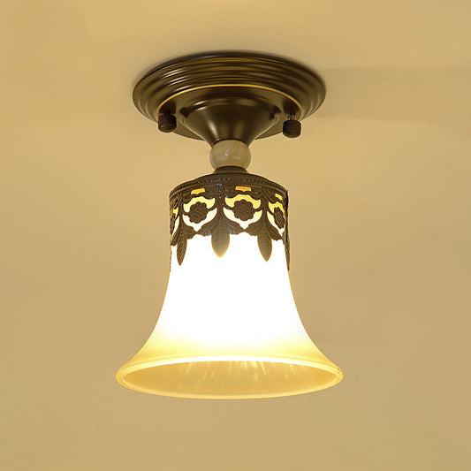 Beige Glass Flared Shade Semi Flush Mount Vintage 1 Bulb Corridor Ceiling Mounted Light in Black Clearhalo 'Ceiling Lights' 'Close To Ceiling Lights' 'Lighting' 2216761_c58c8ae7-1eaf-4dfb-8b85-ede12aa33d7e