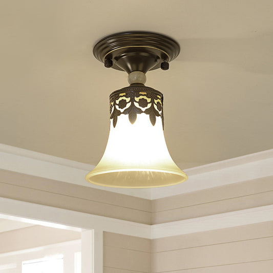 Beige Glass Flared Shade Semi Flush Mount Vintage 1 Bulb Corridor Ceiling Mounted Light in Black Clearhalo 'Ceiling Lights' 'Close To Ceiling Lights' 'Lighting' 2216762_6a23503e-bfa5-4086-931d-a7aa8c7b669a