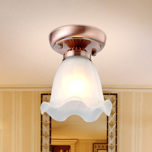 1 Bulb Flush Mount Light Retro Flower Shade White Frosted Glass Semi Flush Ceiling Light White B Clearhalo 'Ceiling Lights' 'Close To Ceiling Lights' 'Lighting' 2216765_a8b7a54f-d16e-4dac-a0cb-284406d3f00f