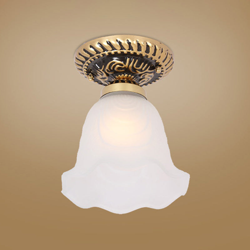 1��Bulb Flush Mount Light Retro Flower Shade White Frosted Glass Semi Flush Ceiling Light White F Clearhalo 'Ceiling Lights' 'Close To Ceiling Lights' 'Close to ceiling' 'Glass shade' 'Glass' 'Semi-flushmount' Lighting' 2216766