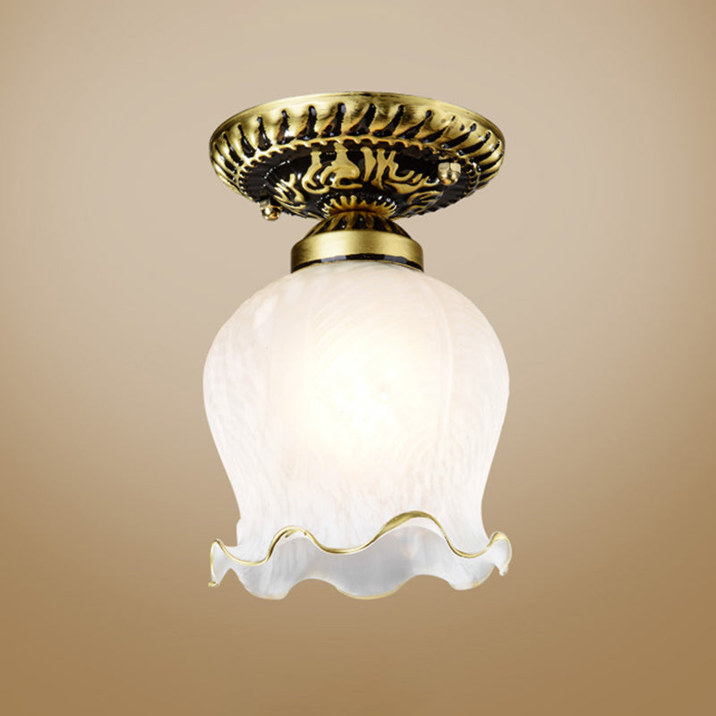 1��Bulb Flush Mount Light Retro Flower Shade White Frosted Glass Semi Flush Ceiling Light White D Clearhalo 'Ceiling Lights' 'Close To Ceiling Lights' 'Close to ceiling' 'Glass shade' 'Glass' 'Semi-flushmount' Lighting' 2216768