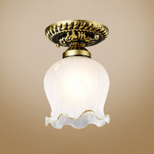 1��Bulb Flush Mount Light Retro Flower Shade White Frosted Glass Semi Flush Ceiling Light White D Clearhalo 'Ceiling Lights' 'Close To Ceiling Lights' 'Close to ceiling' 'Glass shade' 'Glass' 'Semi-flushmount' Lighting' 2216768