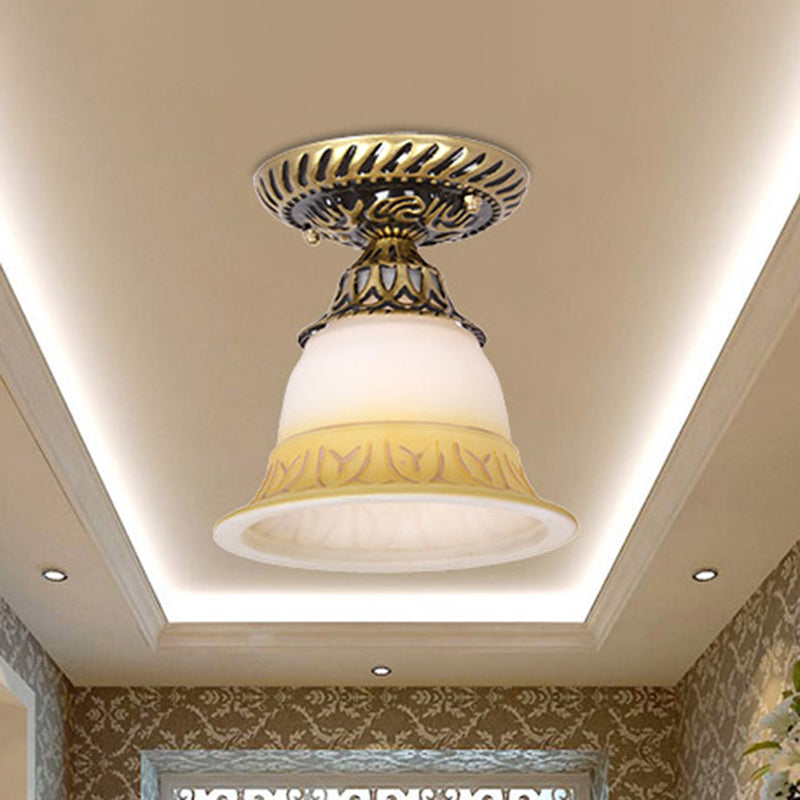 1��Bulb Flush Mount Light Retro Flower Shade White Frosted Glass Semi Flush Ceiling Light White E Clearhalo 'Ceiling Lights' 'Close To Ceiling Lights' 'Close to ceiling' 'Glass shade' 'Glass' 'Semi-flushmount' Lighting' 2216770