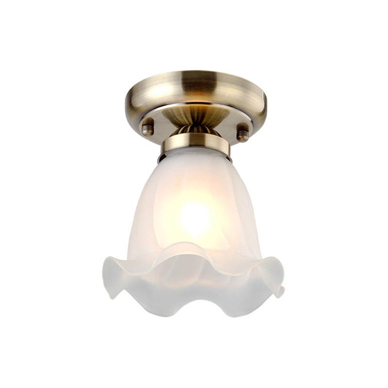 1��Bulb Flush Mount Light Retro Flower Shade White Frosted Glass Semi Flush Ceiling Light Clearhalo 'Ceiling Lights' 'Close To Ceiling Lights' 'Close to ceiling' 'Glass shade' 'Glass' 'Semi-flushmount' Lighting' 2216771