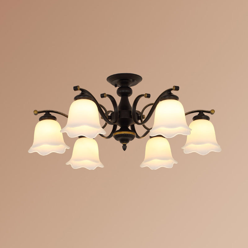 Black Flower Shade Semi Flush Mount Vintage Frosted Glass Bedroom Close To Ceiling Chandelier 6 Black Clearhalo 'Ceiling Lights' 'Close To Ceiling Lights' 'Close to ceiling' 'Glass shade' 'Glass' 'Semi-flushmount' Lighting' 2216832