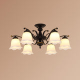 Black Flower Shade Semi Flush Mount Vintage Frosted Glass Bedroom Close To Ceiling Chandelier 6 Black Clearhalo 'Ceiling Lights' 'Close To Ceiling Lights' 'Close to ceiling' 'Glass shade' 'Glass' 'Semi-flushmount' Lighting' 2216832