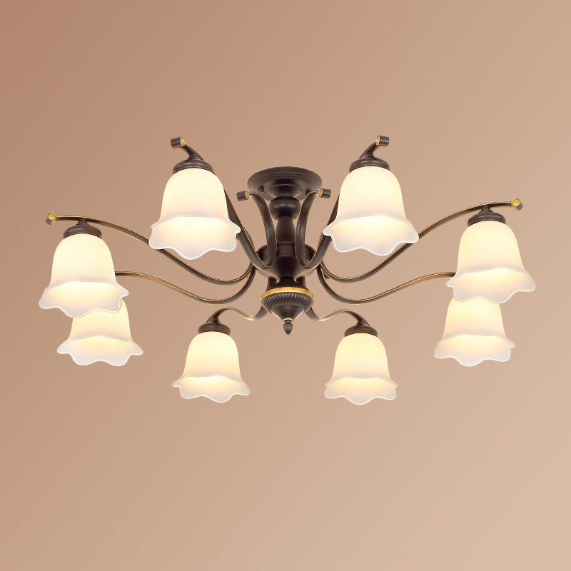 Black Flower Shade Semi Flush Mount Vintage Frosted Glass Bedroom Close To Ceiling Chandelier 8 Black Clearhalo 'Ceiling Lights' 'Close To Ceiling Lights' 'Close to ceiling' 'Glass shade' 'Glass' 'Semi-flushmount' Lighting' 2216833