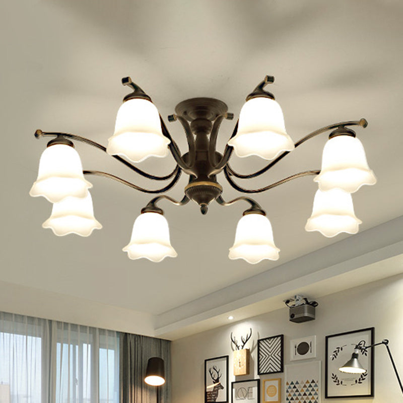 Black Flower Shade Semi Flush Mount Vintage Frosted Glass Bedroom Close To Ceiling Chandelier Clearhalo 'Ceiling Lights' 'Close To Ceiling Lights' 'Close to ceiling' 'Glass shade' 'Glass' 'Semi-flushmount' Lighting' 2216835