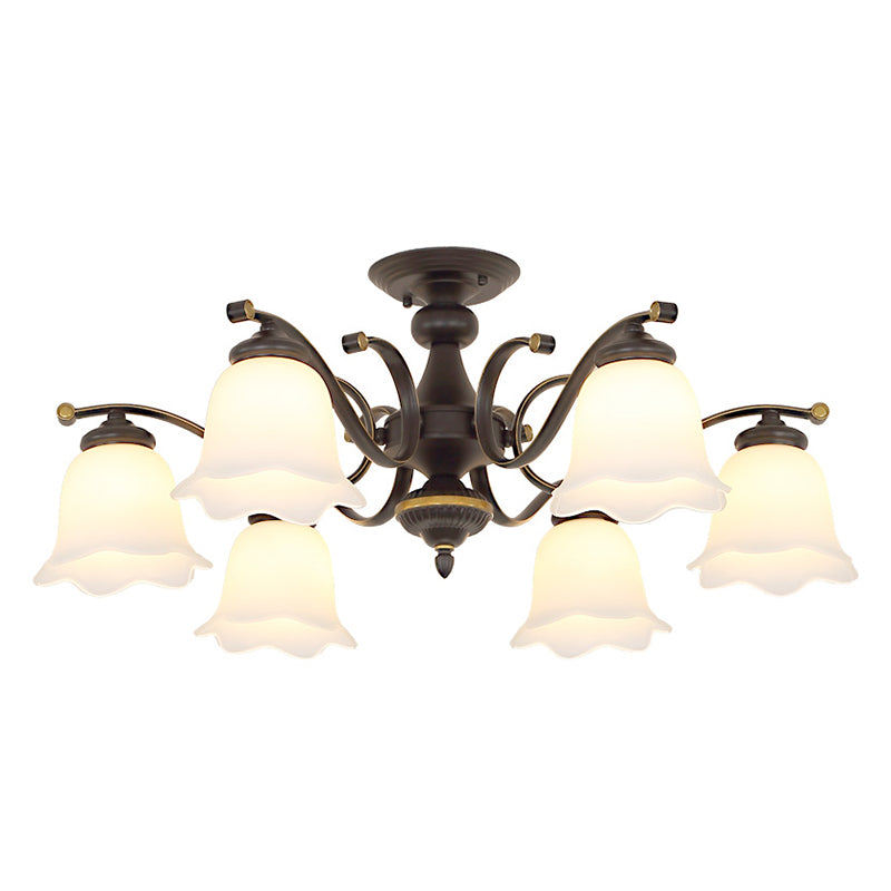 Black Flower Shade Semi Flush Mount Vintage Frosted Glass Bedroom Close To Ceiling Chandelier Clearhalo 'Ceiling Lights' 'Close To Ceiling Lights' 'Close to ceiling' 'Glass shade' 'Glass' 'Semi-flushmount' Lighting' 2216836