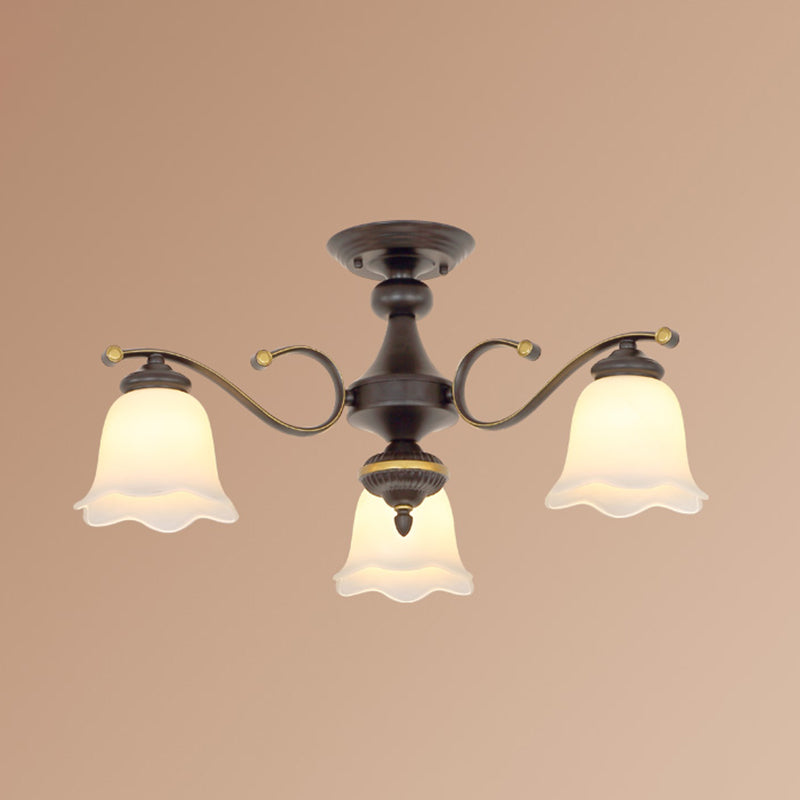 Black Flower Shade Semi Flush Mount Vintage Frosted Glass Bedroom Close To Ceiling Chandelier 3 Black Clearhalo 'Ceiling Lights' 'Close To Ceiling Lights' 'Close to ceiling' 'Glass shade' 'Glass' 'Semi-flushmount' Lighting' 2216837