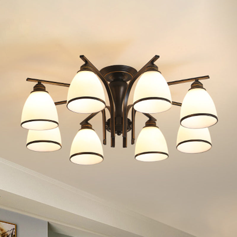 Retro Bell Flush Mount Light Frosted Glass Semi Flush Chandelier in Black for Living Room Clearhalo 'Ceiling Lights' 'Close To Ceiling Lights' 'Close to ceiling' 'Glass shade' 'Glass' 'Semi-flushmount' Lighting' 2216838