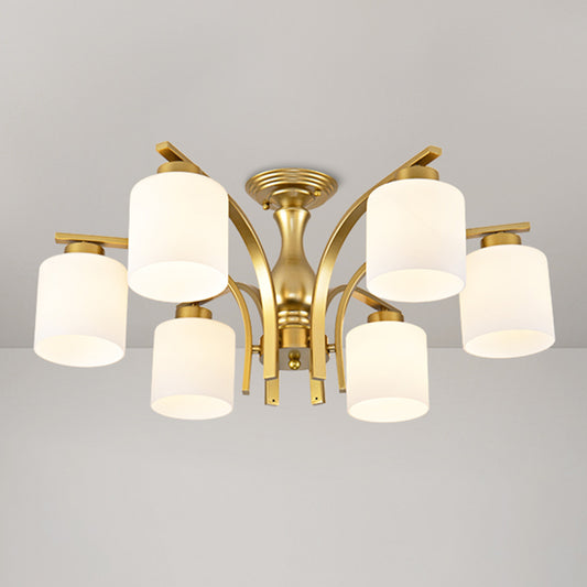 Shaded Cream Glass Semi Flush Light Rustic Living Room Flush Mount Ceiling Chandelier 6 Gold A Clearhalo 'Ceiling Lights' 'Close To Ceiling Lights' 'Close to ceiling' 'Semi-flushmount' Lighting' 2216867