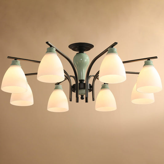 Opal Glass Bell Flush Mount Chandelier Classic Living Room Semi Flush Light Fixture in Light Green 8 Light Green Clearhalo 'Ceiling Lights' 'Close To Ceiling Lights' 'Close to ceiling' 'Glass shade' 'Glass' 'Semi-flushmount' Lighting' 2216875