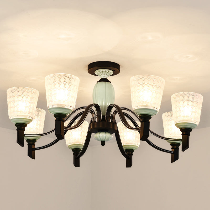 Tapered Living Room Semi Flush Traditional Rhombus Glass Light Green Ceiling Mount Chandelier 8 Light Green Clearhalo 'Ceiling Lights' 'Close To Ceiling Lights' 'Close to ceiling' 'Glass shade' 'Glass' 'Semi-flushmount' Lighting' 2216884