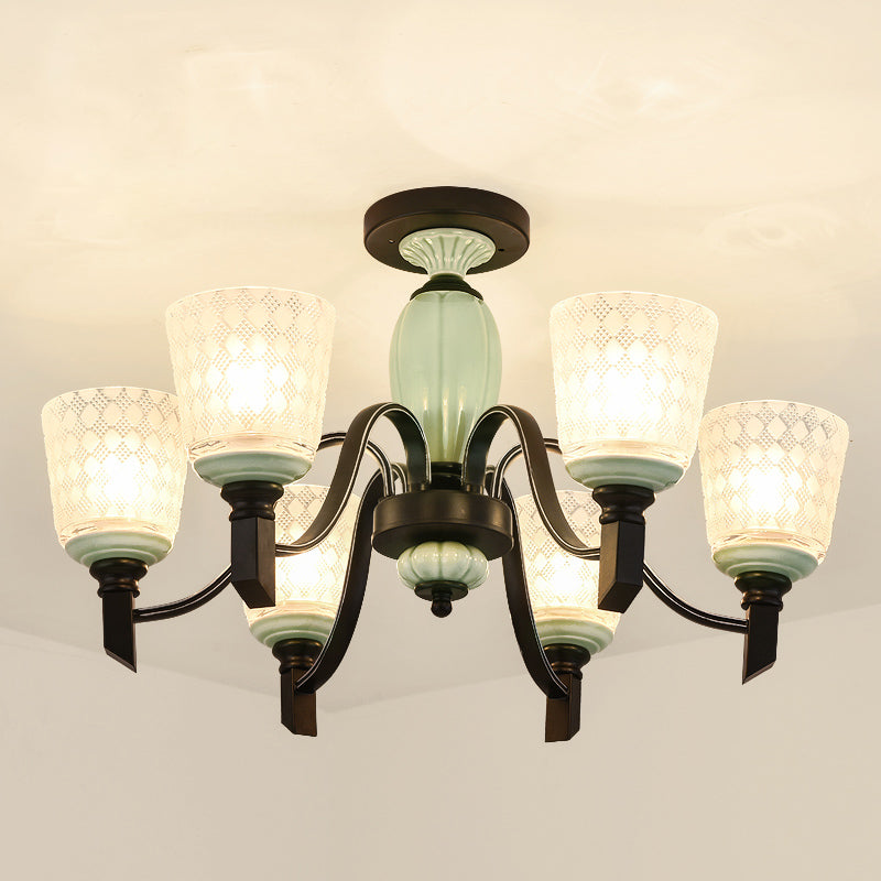 Tapered Living Room Semi Flush Traditional Rhombus Glass Light Green Ceiling Mount Chandelier 6 Light Green Clearhalo 'Ceiling Lights' 'Close To Ceiling Lights' 'Close to ceiling' 'Glass shade' 'Glass' 'Semi-flushmount' Lighting' 2216886