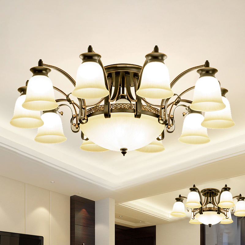 Frosted Glass Black Semi Flush Mount Flared Shade Vintage Close To Ceiling Chandelier Clearhalo 'Ceiling Lights' 'Close To Ceiling Lights' 'Close to ceiling' 'Glass shade' 'Glass' 'Semi-flushmount' Lighting' 2216891