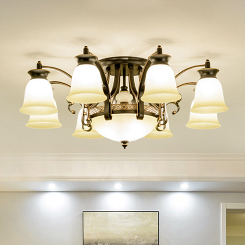 Frosted Glass Black Semi Flush Mount Flared Shade Vintage Close To Ceiling Chandelier 11 Black Clearhalo 'Ceiling Lights' 'Close To Ceiling Lights' 'Close to ceiling' 'Glass shade' 'Glass' 'Semi-flushmount' Lighting' 2216893