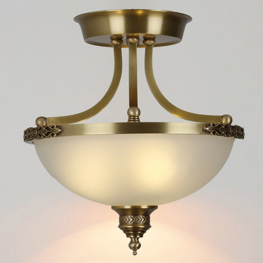 Inverted Dome Corridor Chandelier Pendant Light Vintage Frosted Glass 3 Bulbs Gold Hanging Light Clearhalo 'Ceiling Lights' 'Chandeliers' Lighting' options 2216946