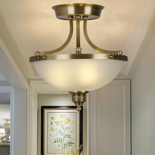 Inverted Dome Corridor Chandelier Pendant Light Vintage Frosted Glass 3 Bulbs Gold Hanging Light Clearhalo 'Ceiling Lights' 'Chandeliers' Lighting' options 2216947