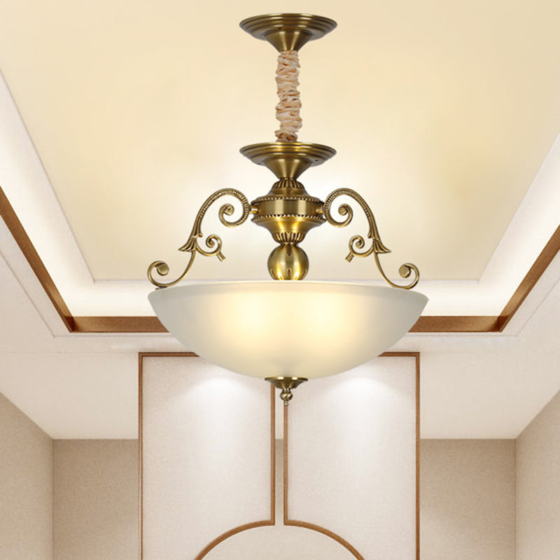 3 Heads Chandelier Light Retro Bowl Frosted Glass Pendant Lighting Fixture in Gold Clearhalo 'Ceiling Lights' 'Chandeliers' Lighting' options 2216967