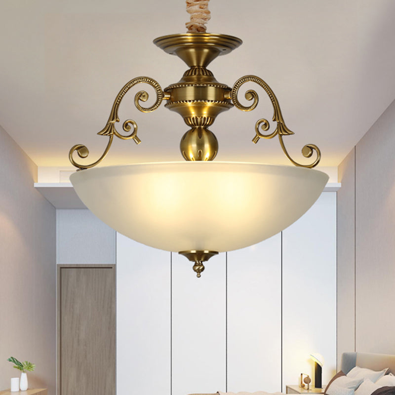 3 Heads Chandelier Light Retro Bowl Frosted Glass Pendant Lighting Fixture in Gold Clearhalo 'Ceiling Lights' 'Chandeliers' Lighting' options 2216968