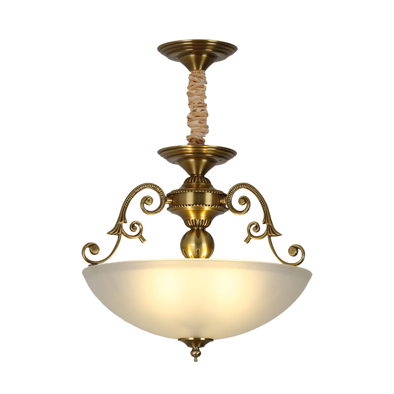 3 Heads Chandelier Light Retro Bowl Frosted Glass Pendant Lighting Fixture in Gold Clearhalo 'Ceiling Lights' 'Chandeliers' Lighting' options 2216970