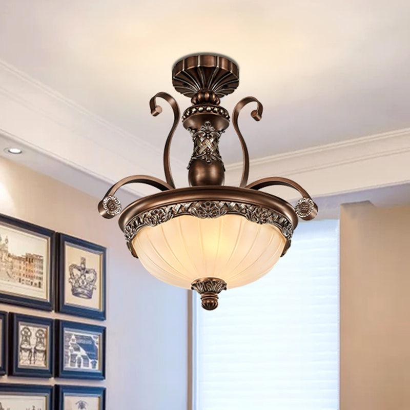 Bowl Etched Ribbed Glass Suspension Light Rustic 3 Heads Corridor Chandelier Light in Bronze Clearhalo 'Ceiling Lights' 'Chandeliers' Lighting' options 2216971