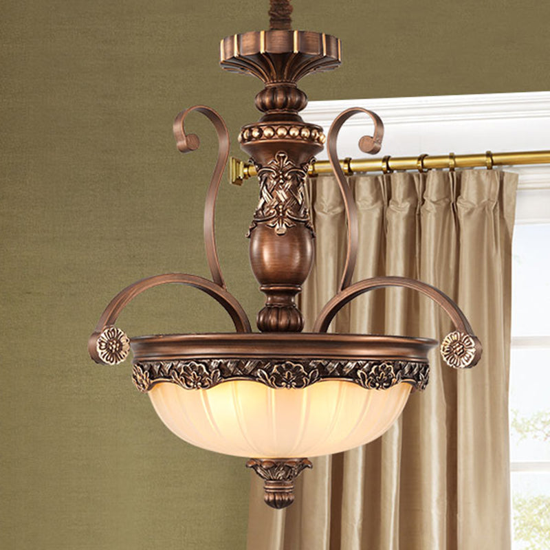 Bowl Etched Ribbed Glass Suspension Light Rustic 3 Heads Corridor Chandelier Light in Bronze Bronze Clearhalo 'Ceiling Lights' 'Chandeliers' Lighting' options 2216972_237810eb-aa83-4747-ae09-f621ebe94b38