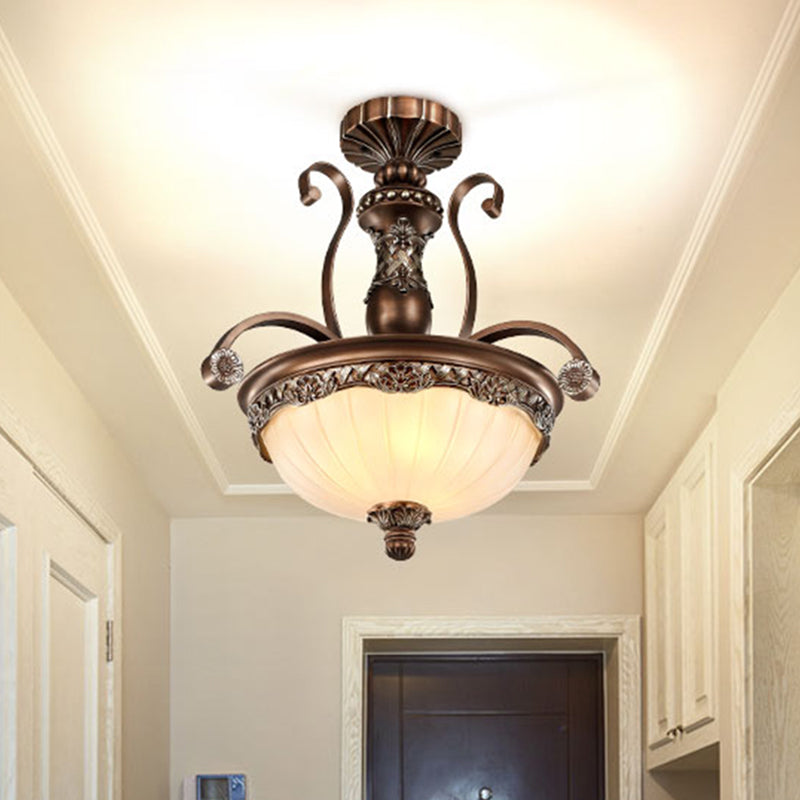 Bowl Etched Ribbed Glass Suspension Light Rustic 3 Heads Corridor Chandelier Light in Bronze Clearhalo 'Ceiling Lights' 'Chandeliers' Lighting' options 2216973