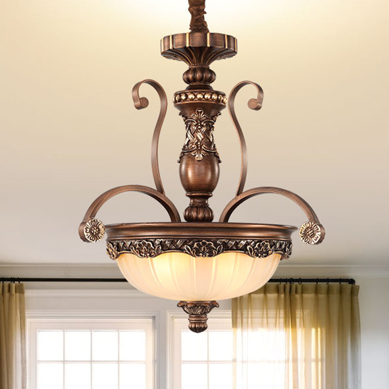 Bowl Etched Ribbed Glass Suspension Light Rustic 3 Heads Corridor Chandelier Light in Bronze Clearhalo 'Ceiling Lights' 'Chandeliers' Lighting' options 2216974