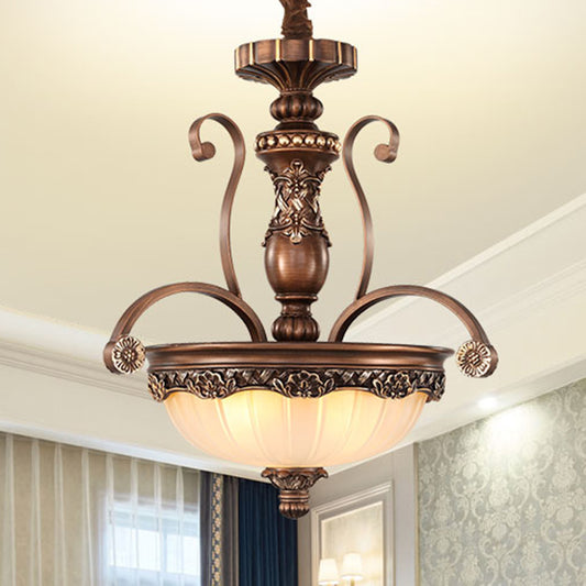 Bowl Etched Ribbed Glass Suspension Light Rustic 3 Heads Corridor Chandelier Light in Bronze Clearhalo 'Ceiling Lights' 'Chandeliers' Lighting' options 2216975