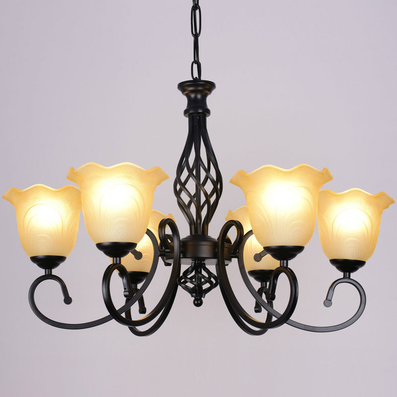 Ruffle Glass Floral Shade Chandelier Lighting Classic Living Room Pendant Light with Scroll Arm Clearhalo 'Ceiling Lights' 'Chandeliers' Lighting' options 2216986